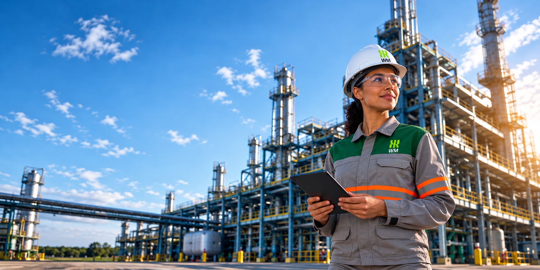 Engenheira do Grupo WM em frente a uma planta de processo